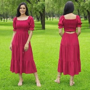 NEW Dragonfruit Pink Short Sleeve Smocked Tiered Cutout Short Sleeve Midi Dress